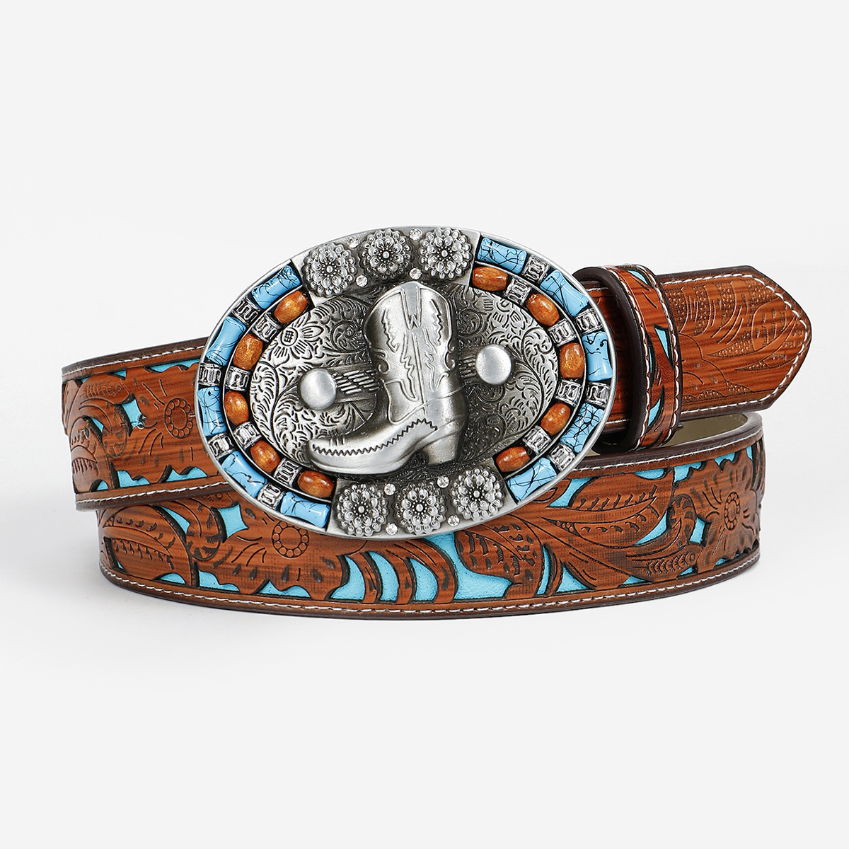 Retro Ethnic Style Geometric Pu Leather Inlay Turquoise Beads Unisex Leather Belts display picture 11