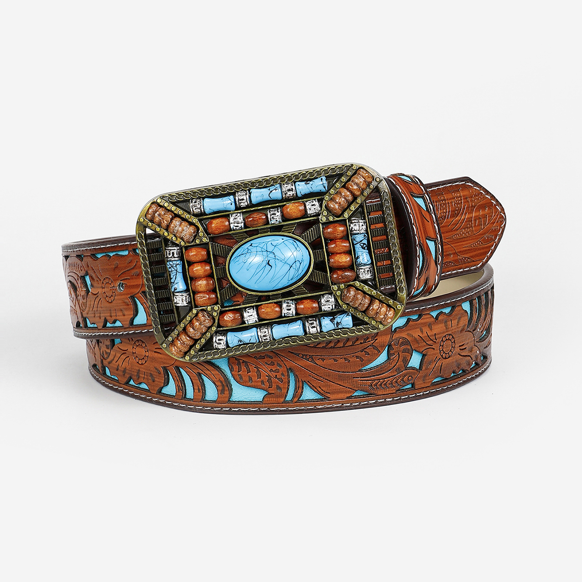 Retro Ethnic Style Geometric Pu Leather Inlay Turquoise Beads Unisex Leather Belts display picture 1
