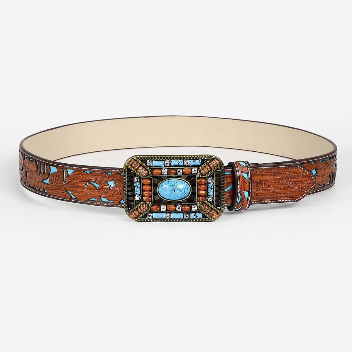 Retro Ethnic Style Geometric Pu Leather Inlay Turquoise Beads Unisex Leather Belts display picture 3