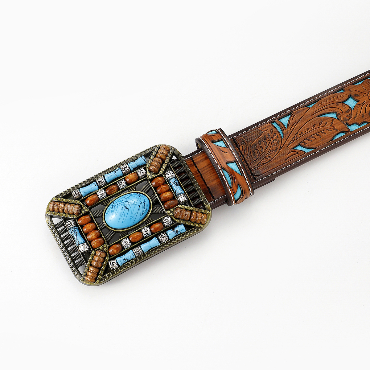 Retro Ethnic Style Geometric Pu Leather Inlay Turquoise Beads Unisex Leather Belts display picture 4