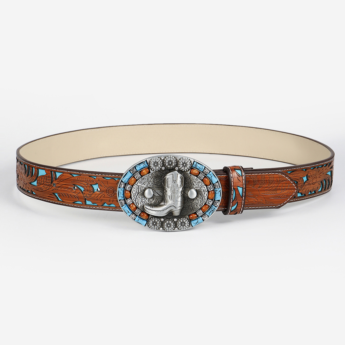 Retro Ethnic Style Geometric Pu Leather Inlay Turquoise Beads Unisex Leather Belts display picture 12
