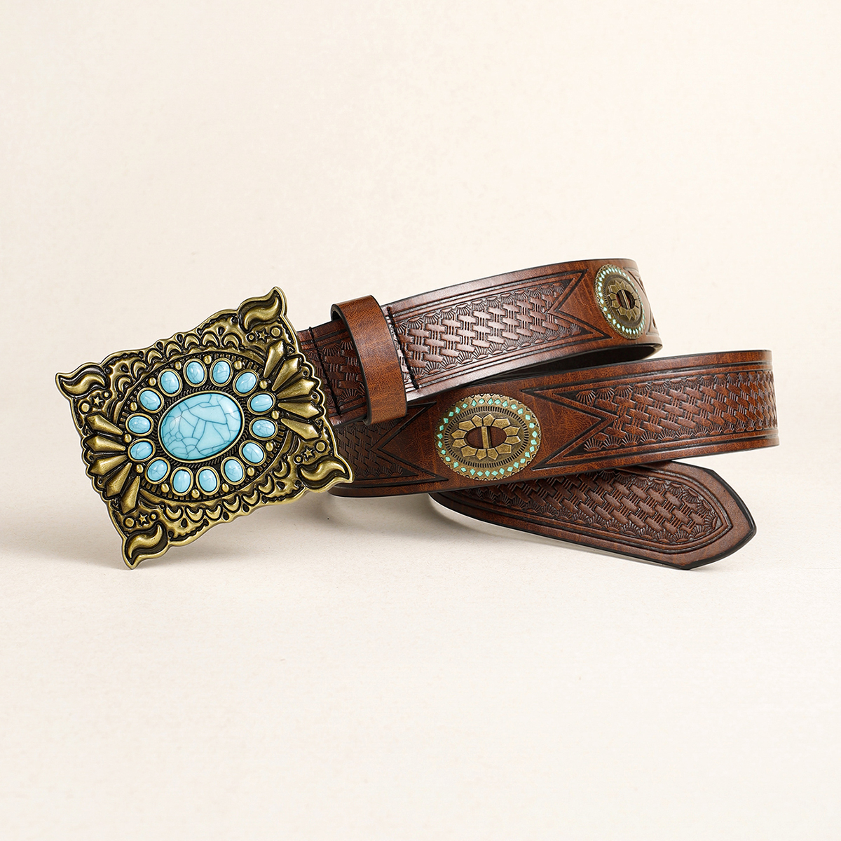 Retro Ethnic Style Geometric Pu Leather Metal Button Inlay Turquoise Unisex Leather Belts display picture 6