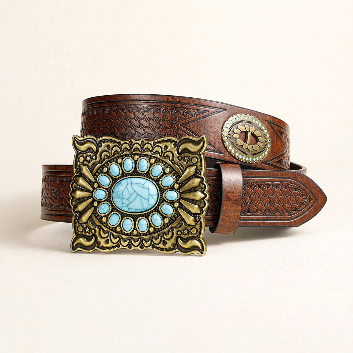 Retro Ethnic Style Geometric Pu Leather Metal Button Inlay Turquoise Unisex Leather Belts display picture 7