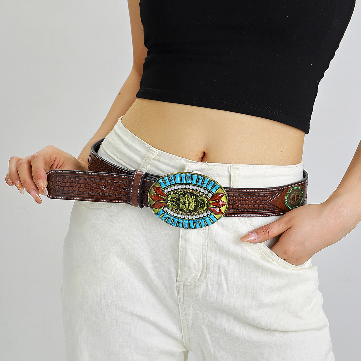 Retro Ethnic Style Geometric Pu Leather Metal Button Inlay Turquoise Unisex Leather Belts display picture 1