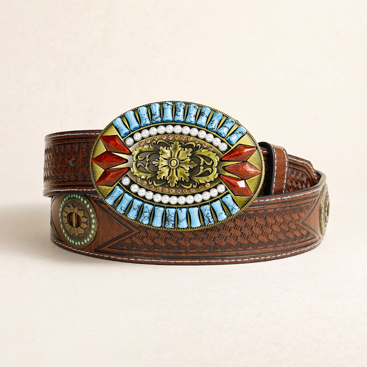 Retro Ethnic Style Geometric Pu Leather Metal Button Inlay Turquoise Unisex Leather Belts display picture 3