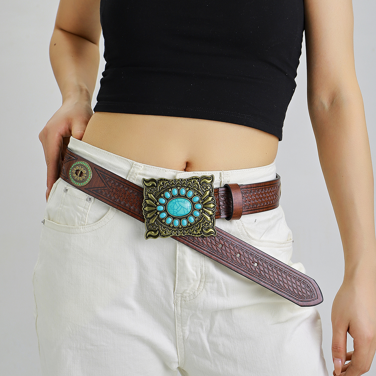 Retro Ethnic Style Geometric Pu Leather Metal Button Inlay Turquoise Unisex Leather Belts display picture 5