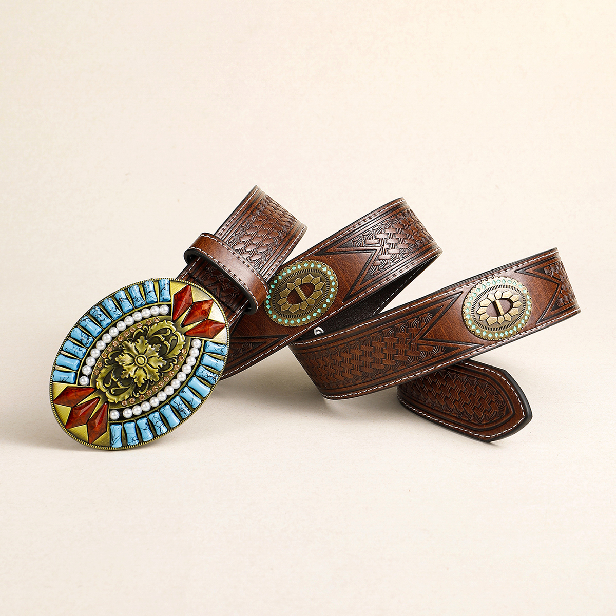Retro Ethnic Style Geometric Pu Leather Metal Button Inlay Turquoise Unisex Leather Belts display picture 2