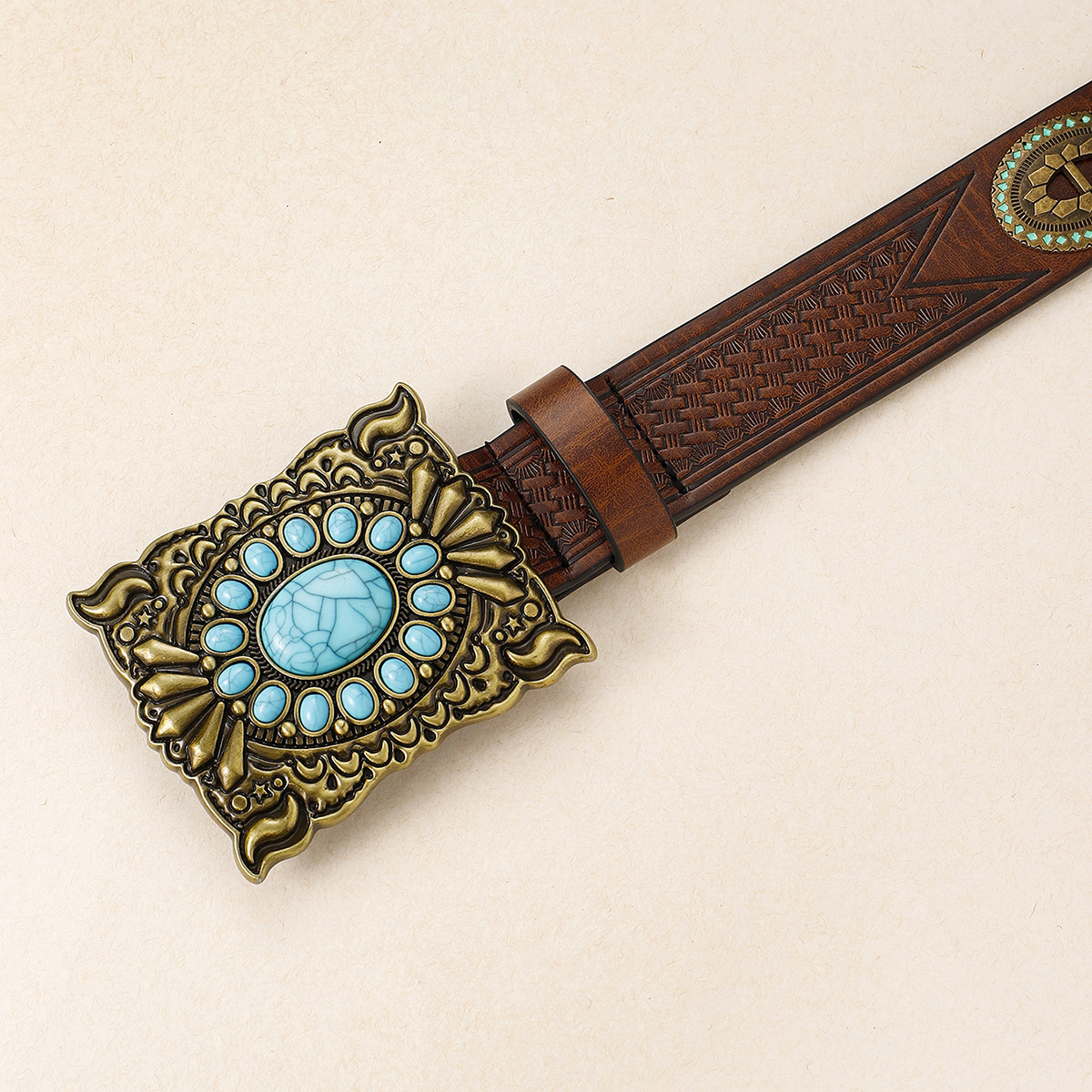 Retro Ethnic Style Geometric Pu Leather Metal Button Inlay Turquoise Unisex Leather Belts display picture 8