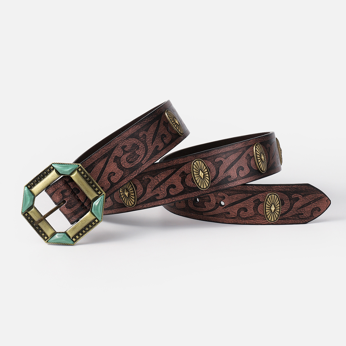 Retro Ethnic Style Geometric Pu Leather Inlay Turquoise Unisex Leather Belts display picture 4