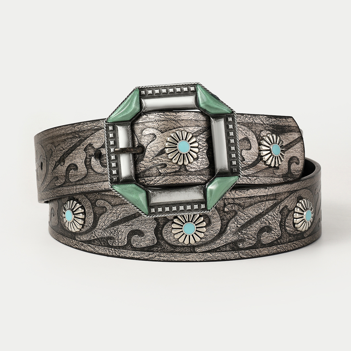 Retro Ethnic Style Geometric Pu Leather Inlay Turquoise Unisex Leather Belts display picture 8