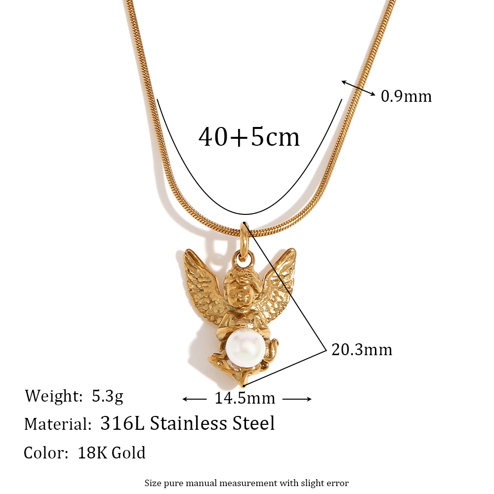 Ig Style Vintage Style Angel Stainless Steel Plating Inlay Artificial Pearls 18k Gold Plated Earrings Necklace display picture 2