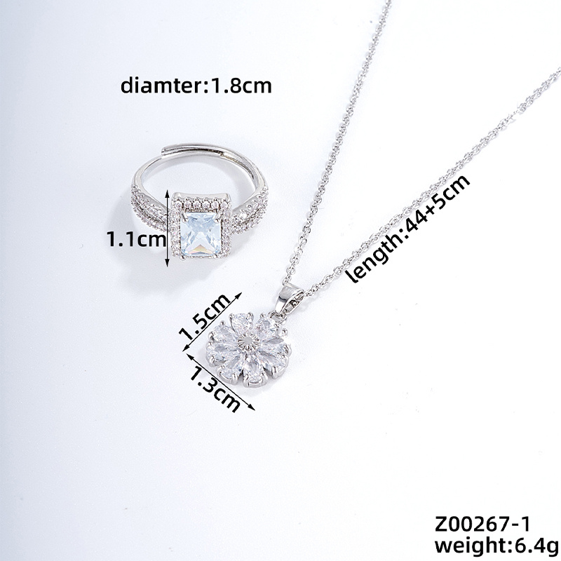 Einfacher Stil Glänzend Quadrat Blume Kupfer Überzug Inlay Zirkon Versilbert Ringe Halskette display picture 1