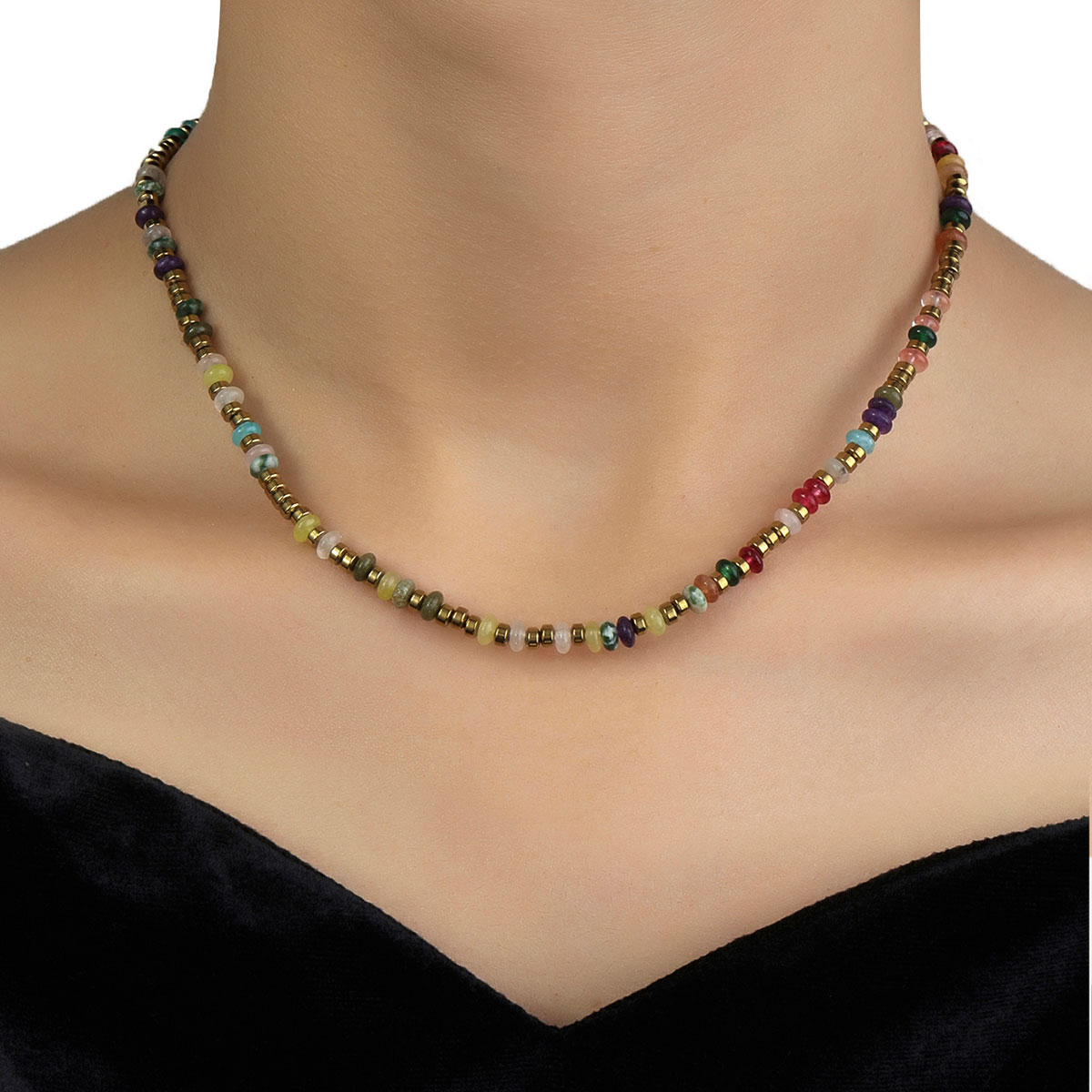 Wholesale Jewelry Ethnic Style Colorful Titanium Steel Natural Stone Plating Beaded Choker display picture 2