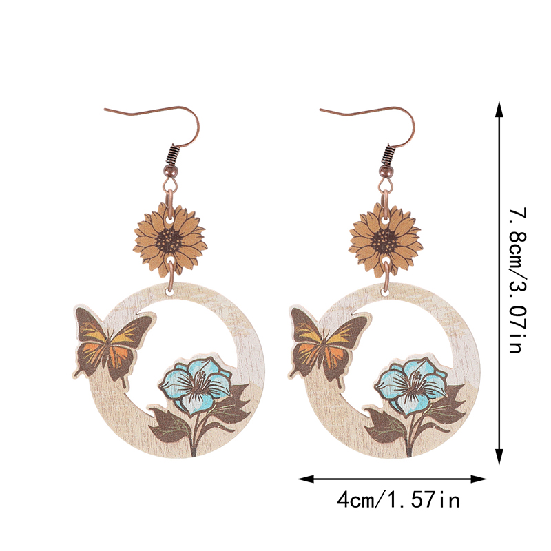 1 Pair Vintage Style Flower Bee Butterfly Wood Drop Earrings display picture 1