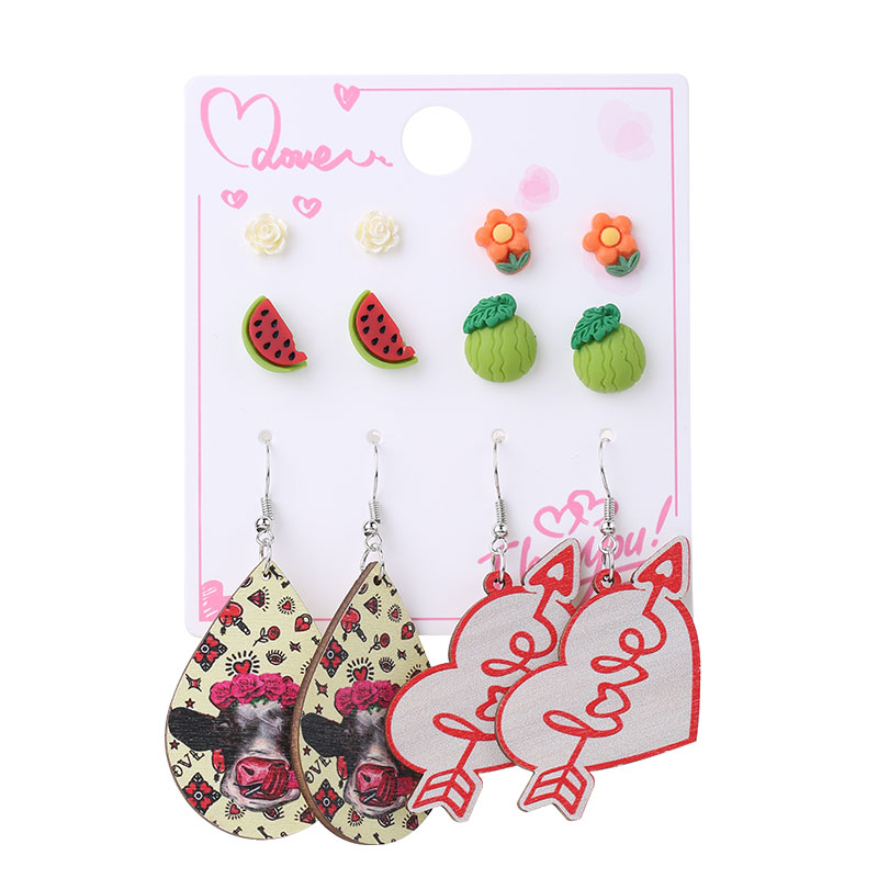 1 Set Cute Sweet Heart Shape Cat Flower Arylic Wood Resin Drop Earrings Ear Studs display picture 1