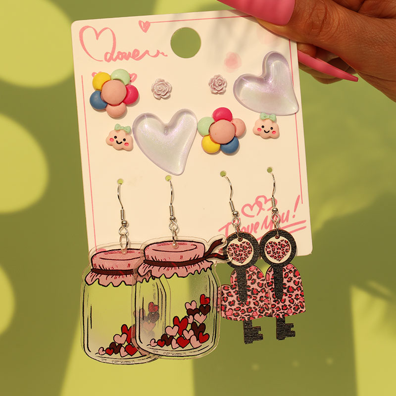 1 Set Cute Sweet Heart Shape Cat Flower Arylic Wood Resin Drop Earrings Ear Studs display picture 3