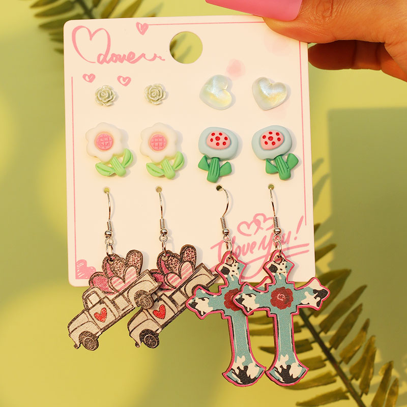 1 Set Cute Sweet Heart Shape Cat Flower Arylic Wood Resin Drop Earrings Ear Studs display picture 12