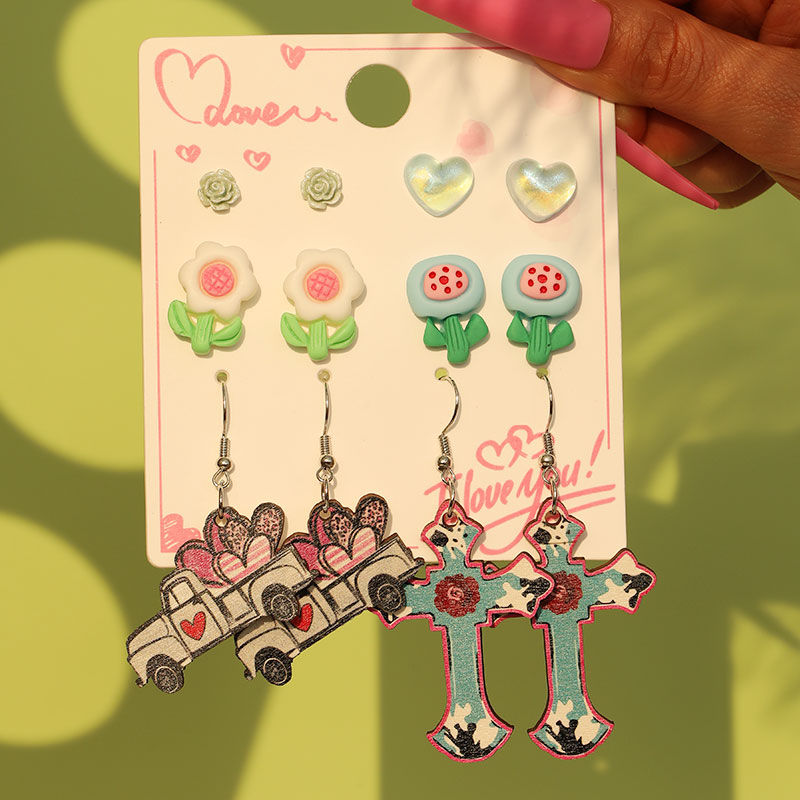 1 Set Cute Sweet Heart Shape Cat Flower Arylic Wood Resin Drop Earrings Ear Studs display picture 38