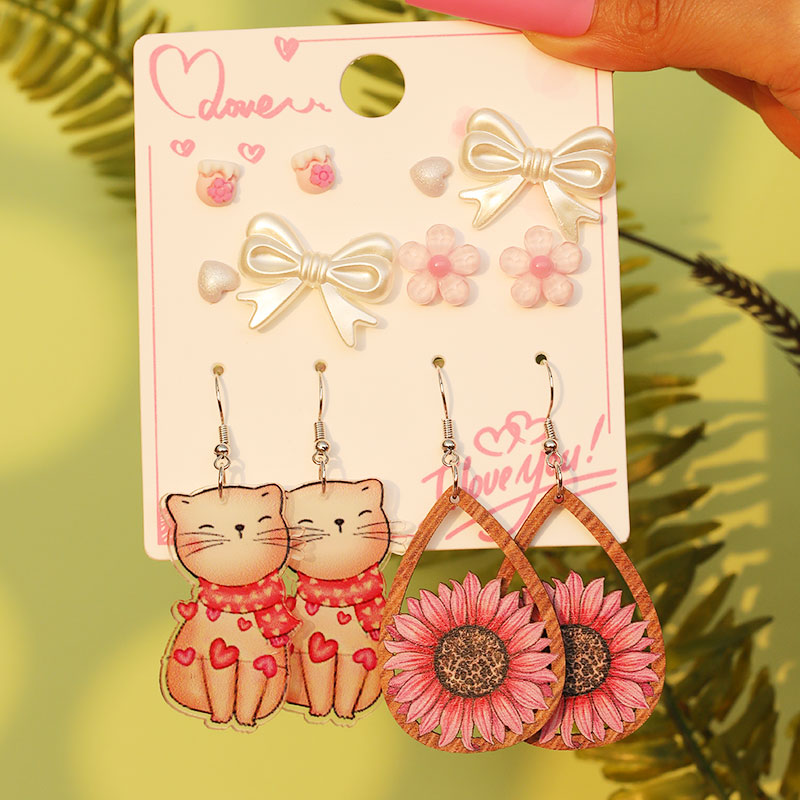 1 Set Cute Sweet Heart Shape Cat Flower Arylic Wood Resin Drop Earrings Ear Studs display picture 30
