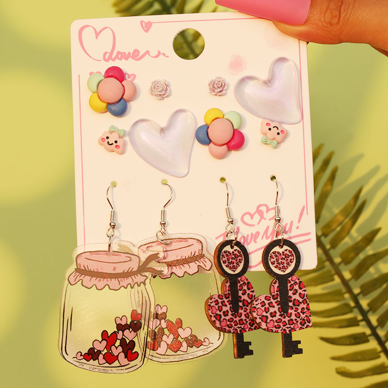 1 Set Cute Sweet Heart Shape Cat Flower Arylic Wood Resin Drop Earrings Ear Studs display picture 34