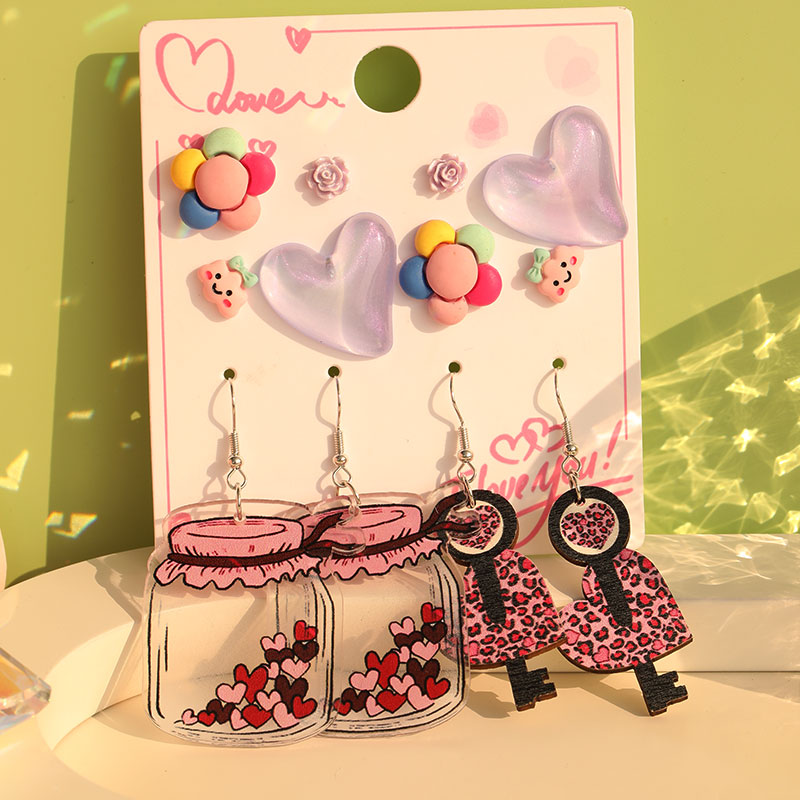 1 Set Cute Sweet Heart Shape Cat Flower Arylic Wood Resin Drop Earrings Ear Studs display picture 33