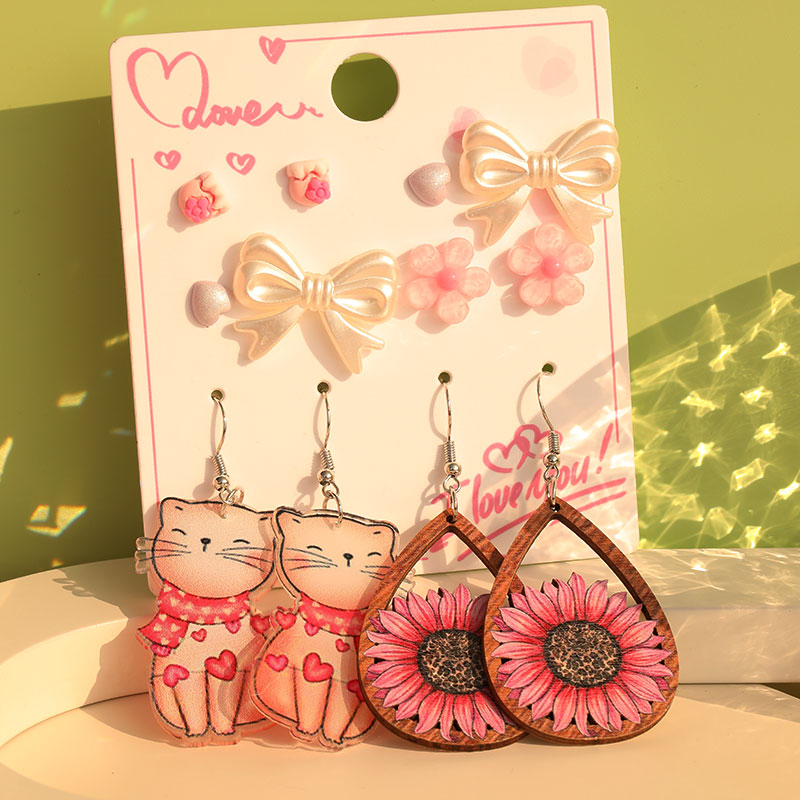 1 Set Cute Sweet Heart Shape Cat Flower Arylic Wood Resin Drop Earrings Ear Studs display picture 41