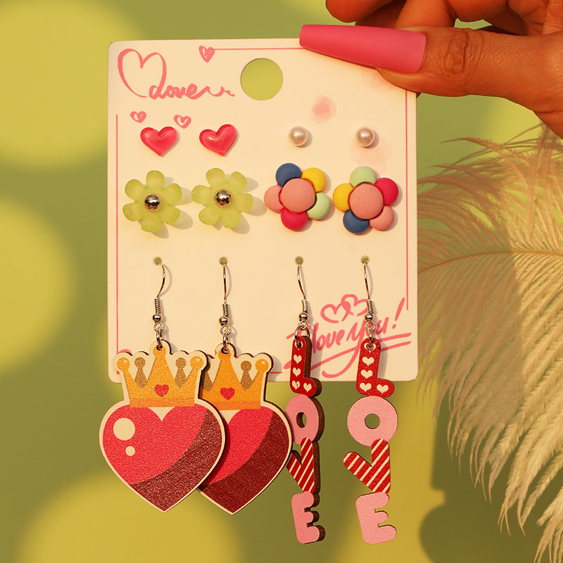 1 Set Cute Simple Style Lips Letter Heart Shape Arylic Wood Drop Earrings Ear Studs display picture 9