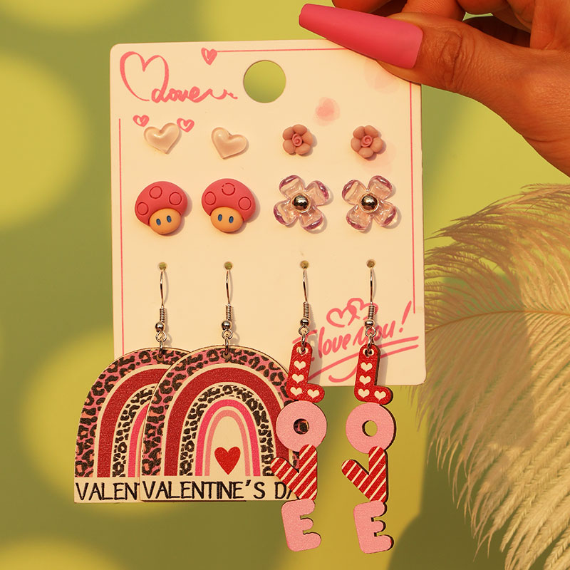 1 Set Cute Simple Style Lips Letter Heart Shape Arylic Wood Drop Earrings Ear Studs display picture 7