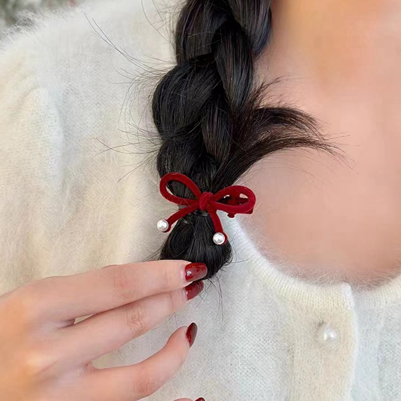 Mujeres Lindo Dulce Nudo De Lazo Franela Flocado Embutido Perlas Artificiales Pinza Para El Cabello display picture 2