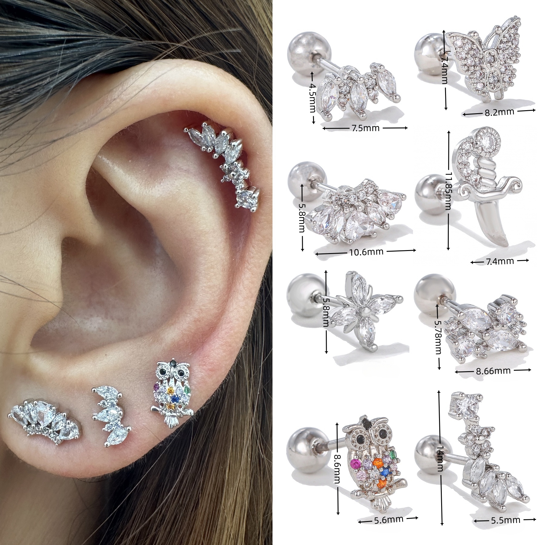 1 Piece Ig Style Simple Style Animal Flower Plating Inlay Brass Zircon 18k Gold Plated White Gold Plated Ear Studs display picture 7