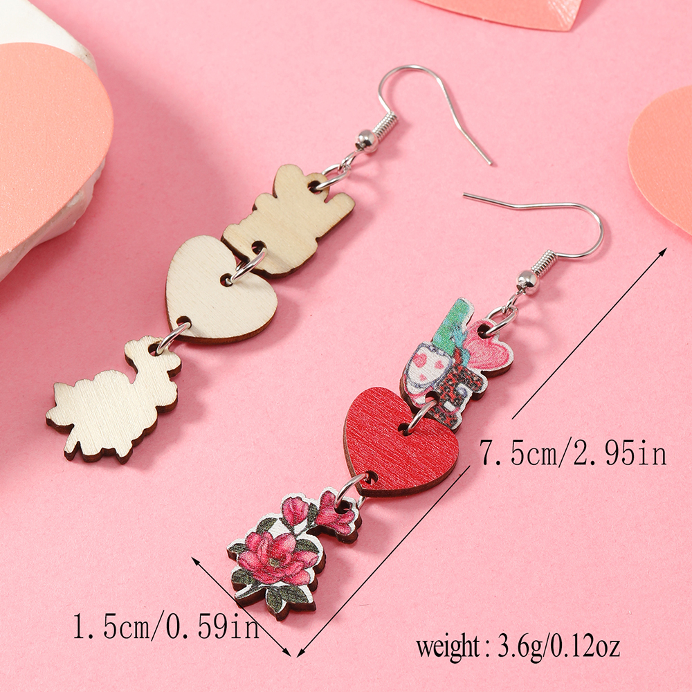 1 Pair Cute Heart Shape Wood Silver Plated Drop Earrings display picture 7