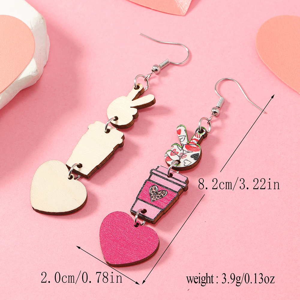 1 Pair Cute Heart Shape Wood Silver Plated Drop Earrings display picture 17