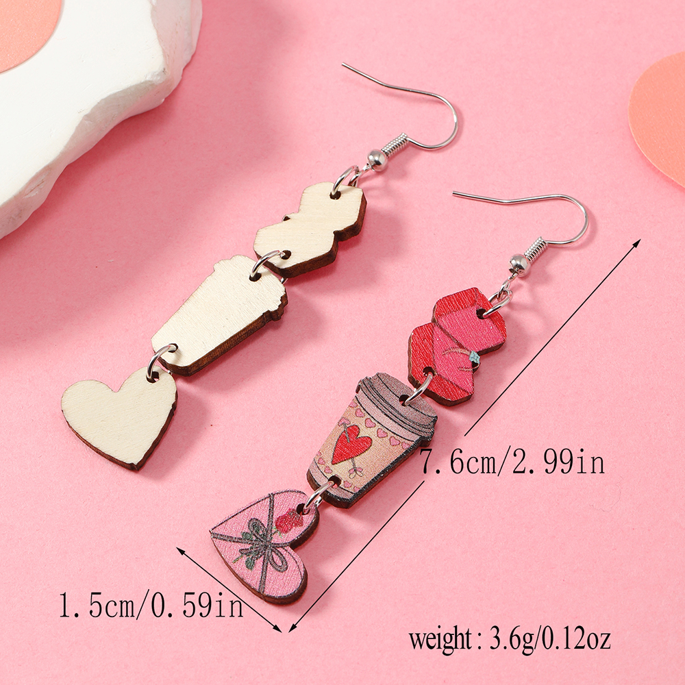 1 Pair Cute Heart Shape Wood Silver Plated Drop Earrings display picture 4