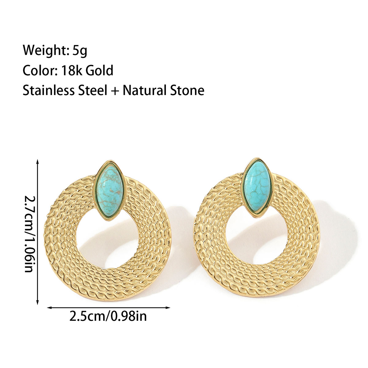 1 Pair Ig Style Round Polishing Plating Inlay Titanium Steel Natural Stone 18k Gold Plated Ear Studs display picture 4