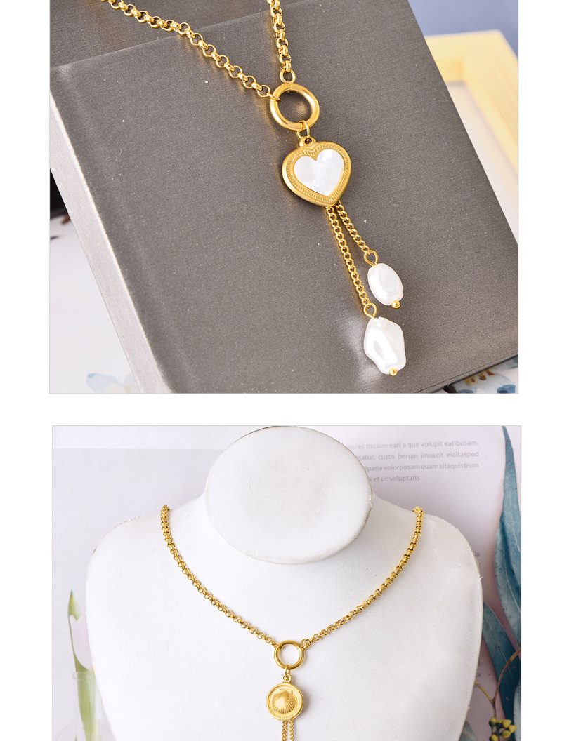 304 Stainless Steel 18K Gold Plated Fashion Plating Inlay Heart Shape Shell Artificial Pearls Shell Necklace display picture 3