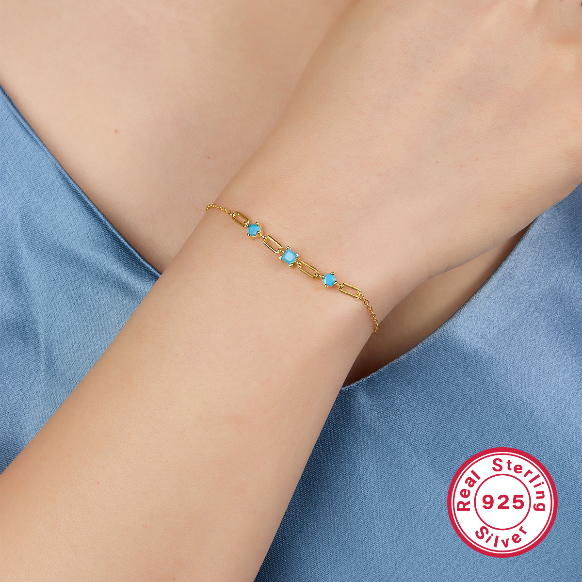 Sterling Silver 18K Gold Plated IG Style Paper Clip Round Inlay Turquoise Zircon Bracelets display picture 6