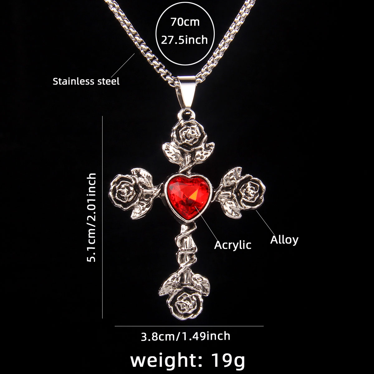 Hip-Hop Retro Cross Rose 201 Stainless Steel Arylic Zinc Alloy Acrylic Unisex Pendant Necklace display picture 5