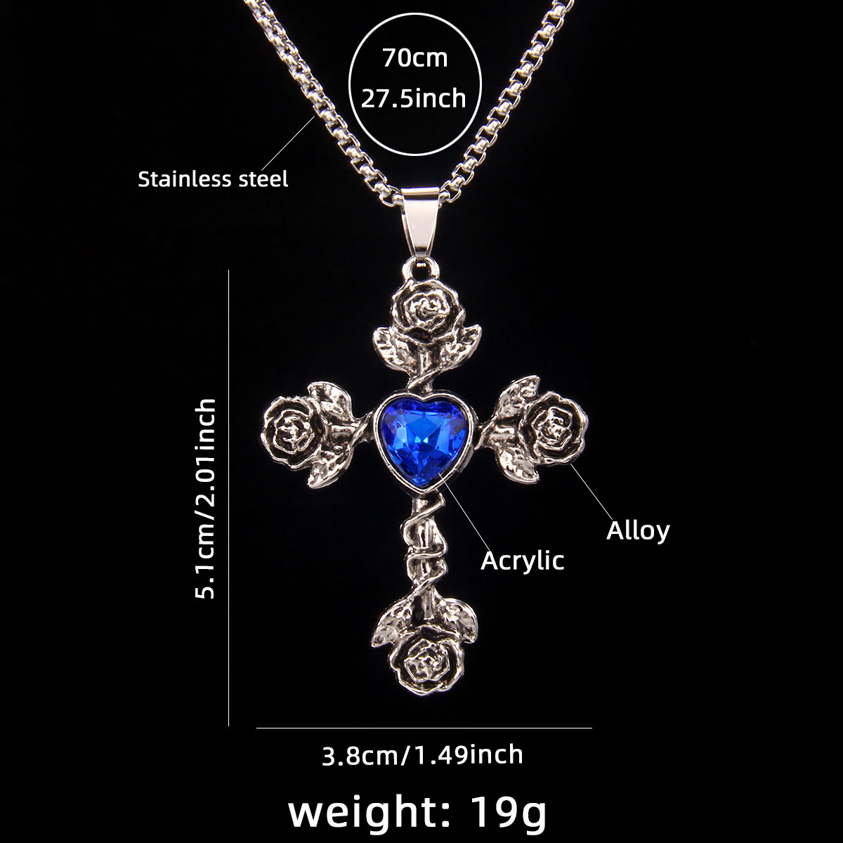 Hip-Hop Retro Cross Rose 201 Stainless Steel Arylic Zinc Alloy Acrylic Unisex Pendant Necklace display picture 6