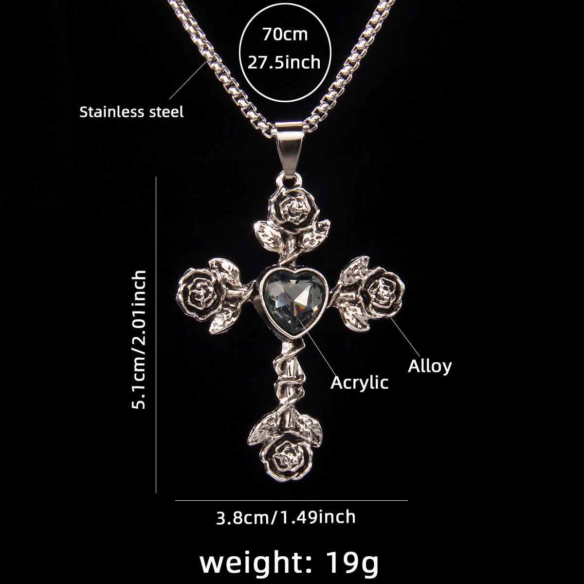 Hip-Hop Retro Cross Rose 201 Stainless Steel Arylic Zinc Alloy Acrylic Unisex Pendant Necklace display picture 7