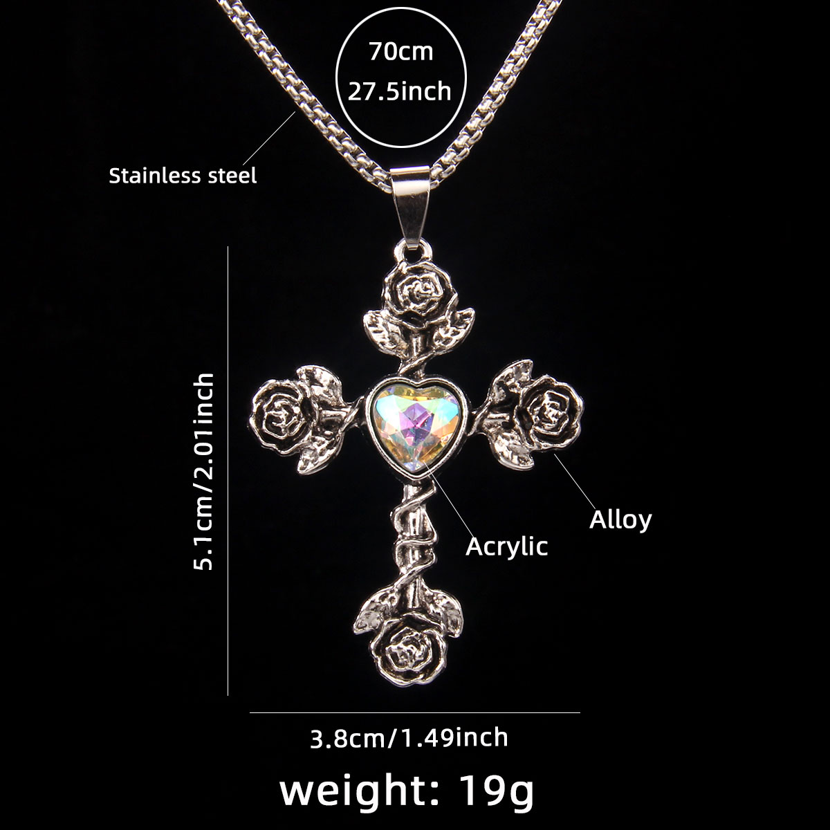 Hip-Hop Retro Cross Rose 201 Stainless Steel Arylic Zinc Alloy Acrylic Unisex Pendant Necklace display picture 8