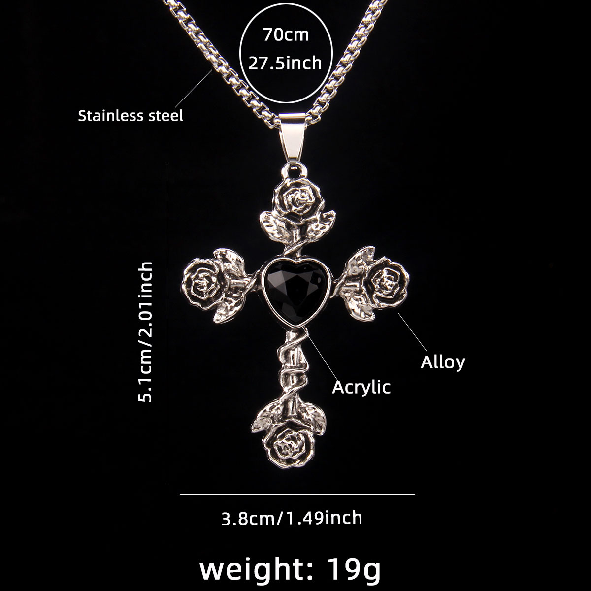 Hip-Hop Retro Cross Rose 201 Stainless Steel Arylic Zinc Alloy Acrylic Unisex Pendant Necklace display picture 9