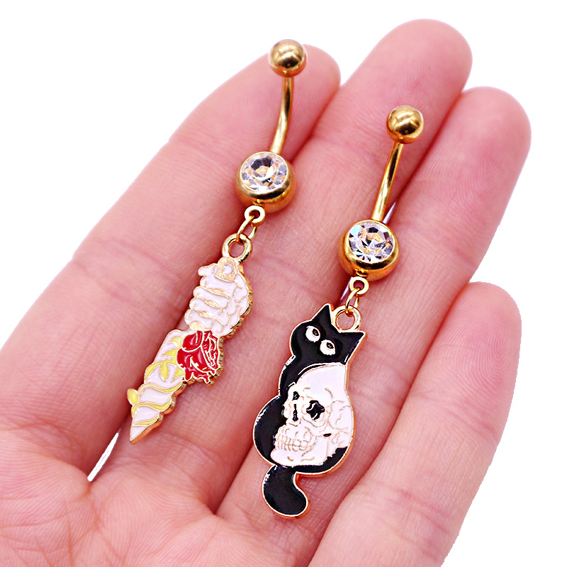 1 Piece Belly Rings Sexy Punk Animal Paw Print Skull 316 Stainless Steel  Alloy Enamel Plating Inlay Rhinestones White Gold Plated Gold Plated display picture 28