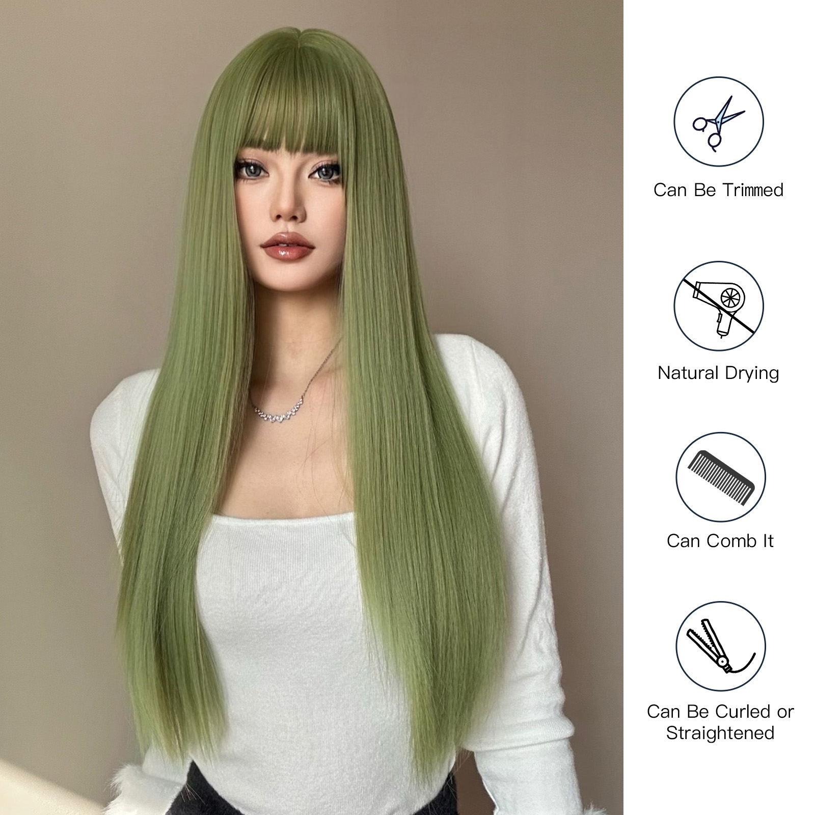 Women's Casual Formal Sweet Green Masquerade Chemical Fiber Bangs Long Straight Hair Wig Net display picture 2