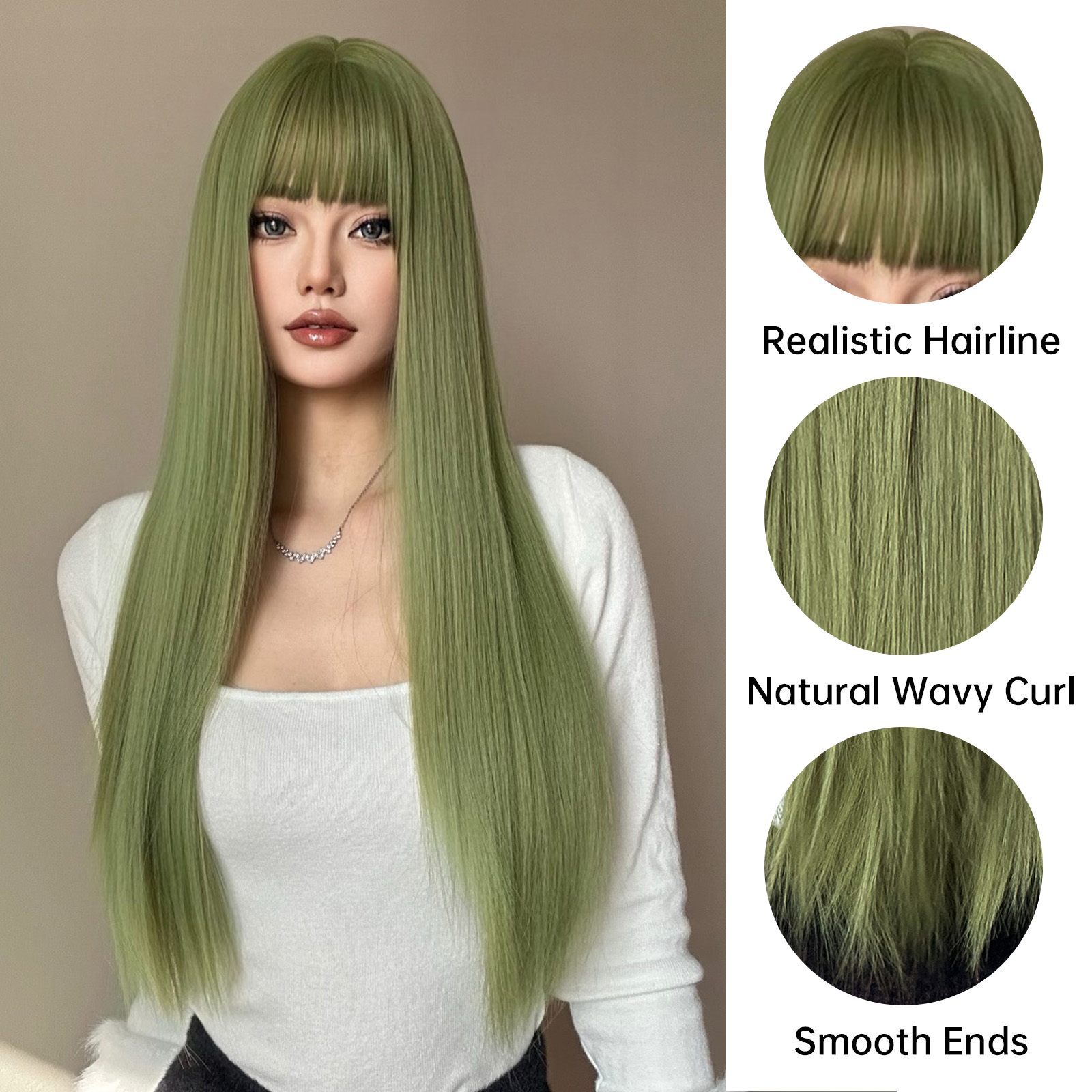 Women's Casual Formal Sweet Green Masquerade Chemical Fiber Bangs Long Straight Hair Wig Net display picture 3