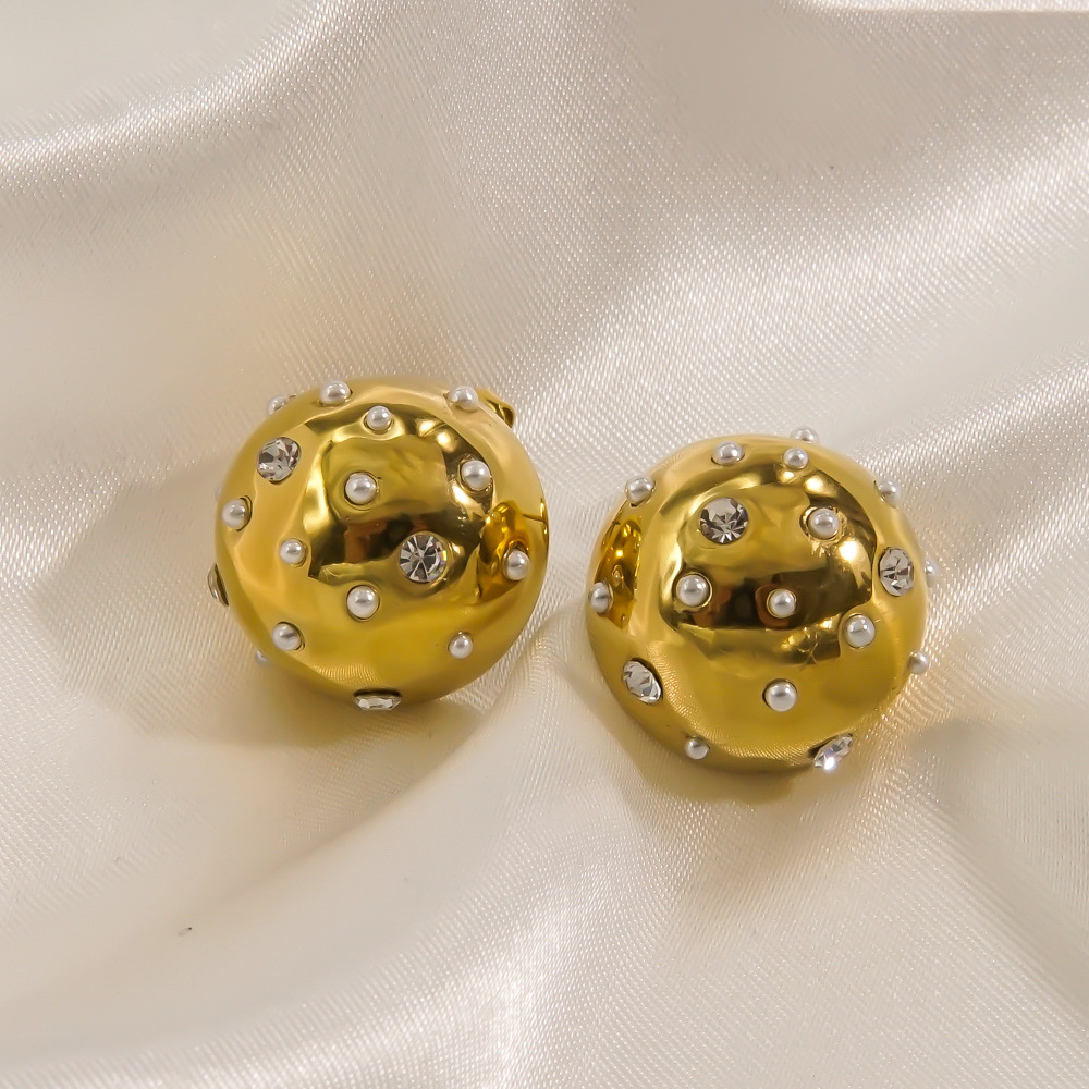 1 Pair Simple Style Round Inlay 304 Stainless Steel Pearl Zircon 14K Gold Plated Ear Studs display picture 2