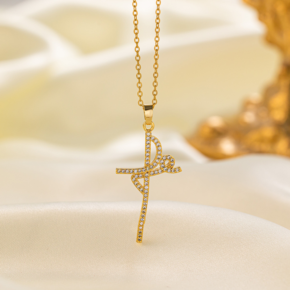 304 Stainless Steel 18K Gold Plated Vintage Style Vacation Polishing Inlay Cross Artificial Rhinestones Pendant Necklace display picture 5