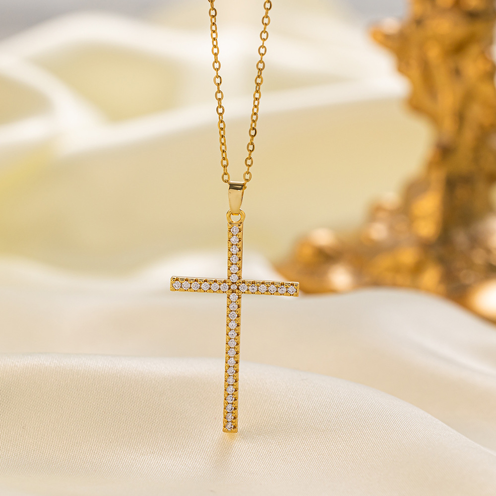 304 Stainless Steel 18K Gold Plated Vintage Style Vacation Polishing Inlay Cross Artificial Rhinestones Pendant Necklace display picture 10