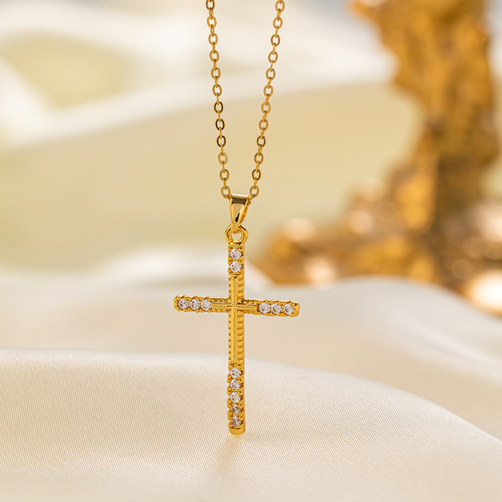 304 Stainless Steel 18K Gold Plated Vintage Style Vacation Polishing Inlay Cross Artificial Rhinestones Pendant Necklace display picture 11