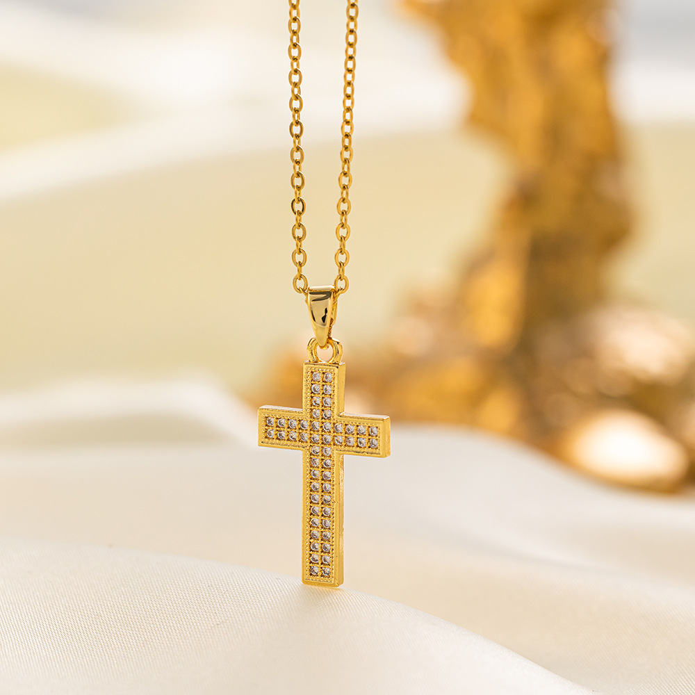 304 Stainless Steel 18K Gold Plated Vintage Style Vacation Polishing Inlay Cross Artificial Rhinestones Pendant Necklace display picture 12