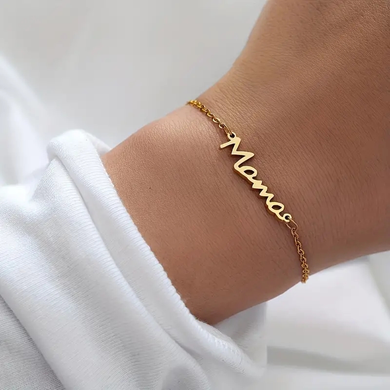MAMA Letter 201 Stainless Steel 14K Gold Plated Silver Plated Bracelets In Bulk display picture 3